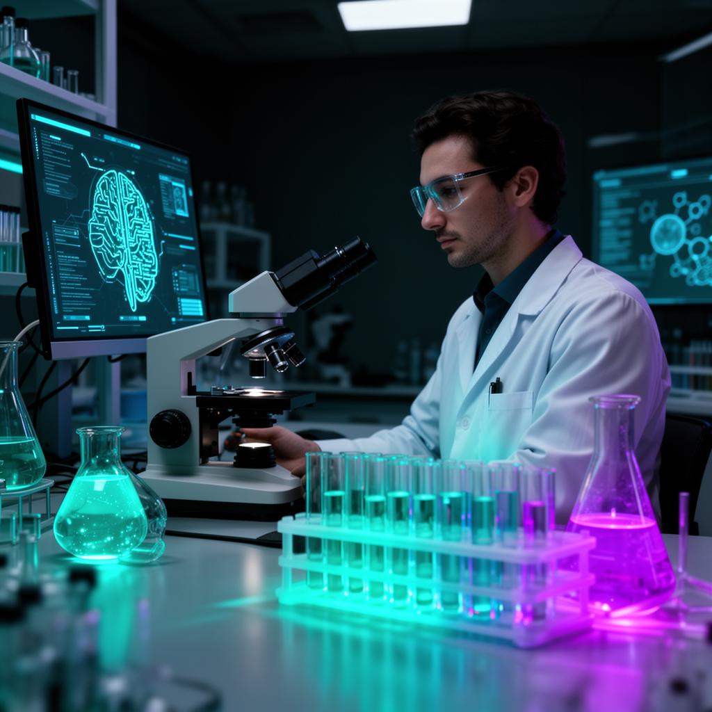Cientista em laboratório moderno com microscópio e tubos de ensaio